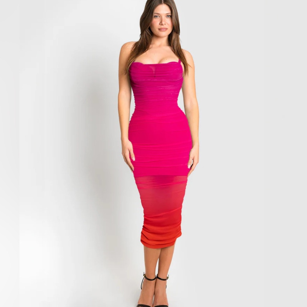 Ruched Strapless Midi Dress in Fuchsia and Coral Ombre New